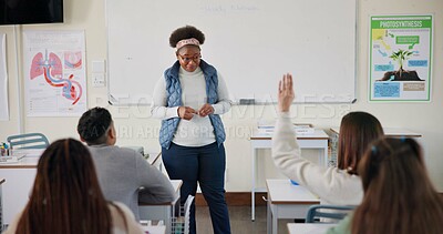 Buy stock photo Teacher, question and student in college, education and preparing for exam in classroom, learning and hand. Answer, person and arm up for feedback of professor, knowledge and listening in university