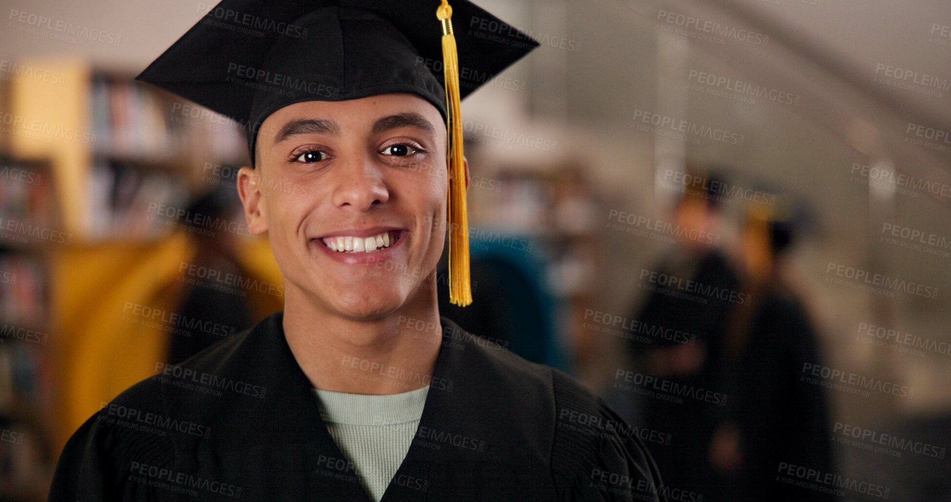 Buy stock photo Portrait, student and happy man at graduation in university for future, success or learning achievement. Face, smile and college graduate with education milestone, pride and scholarship at ceremony