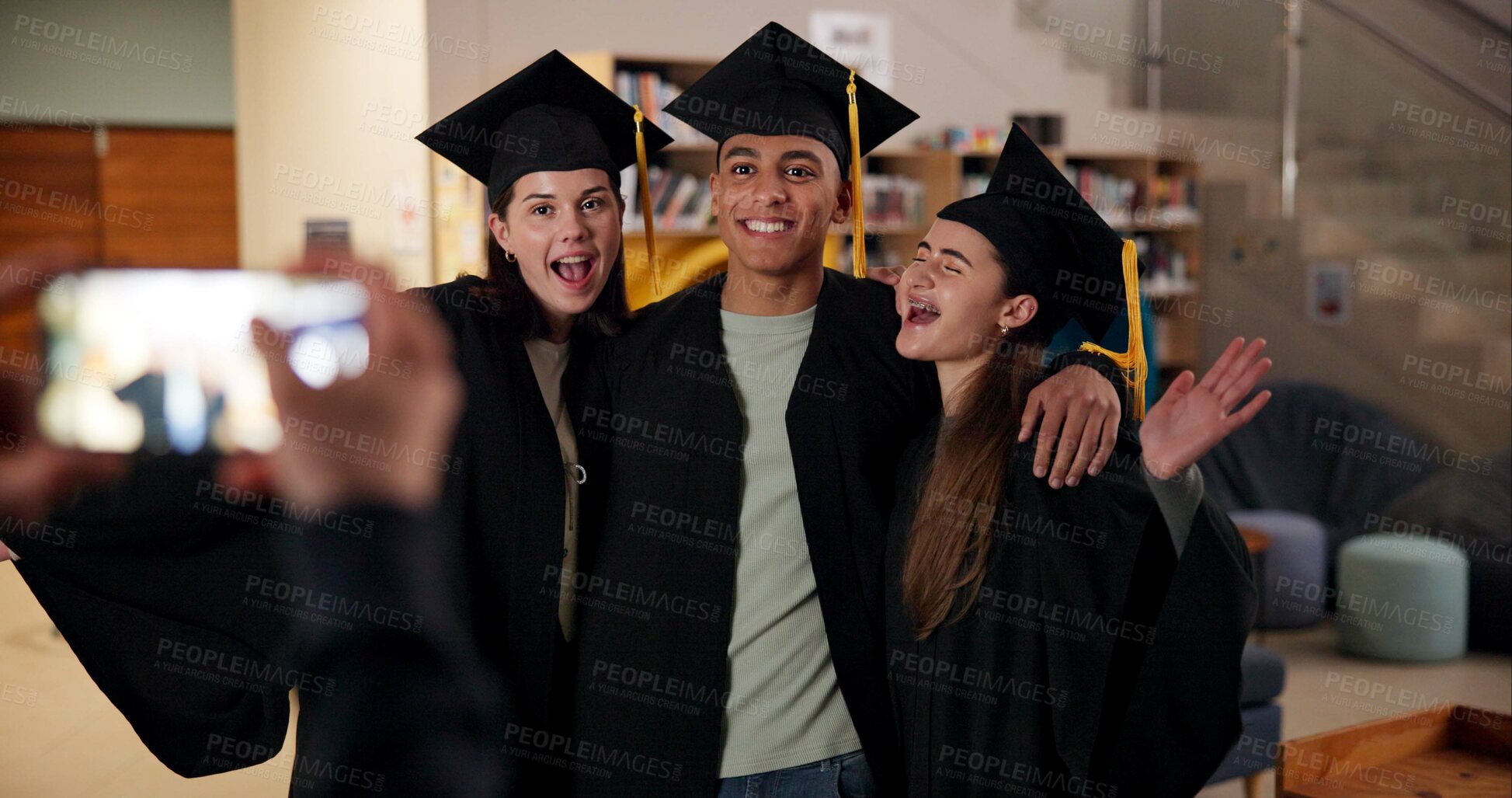 Buy stock photo Graduation, achievement or students in photograph at university for education, social media or success. College scholarship, friends or group picture or people at school campus with memory or smile