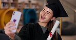 Graduation, girl or college student in selfie for education, social media picture or success. University scholarship, degree certificate or happy woman at school with memory, smile or photograph post