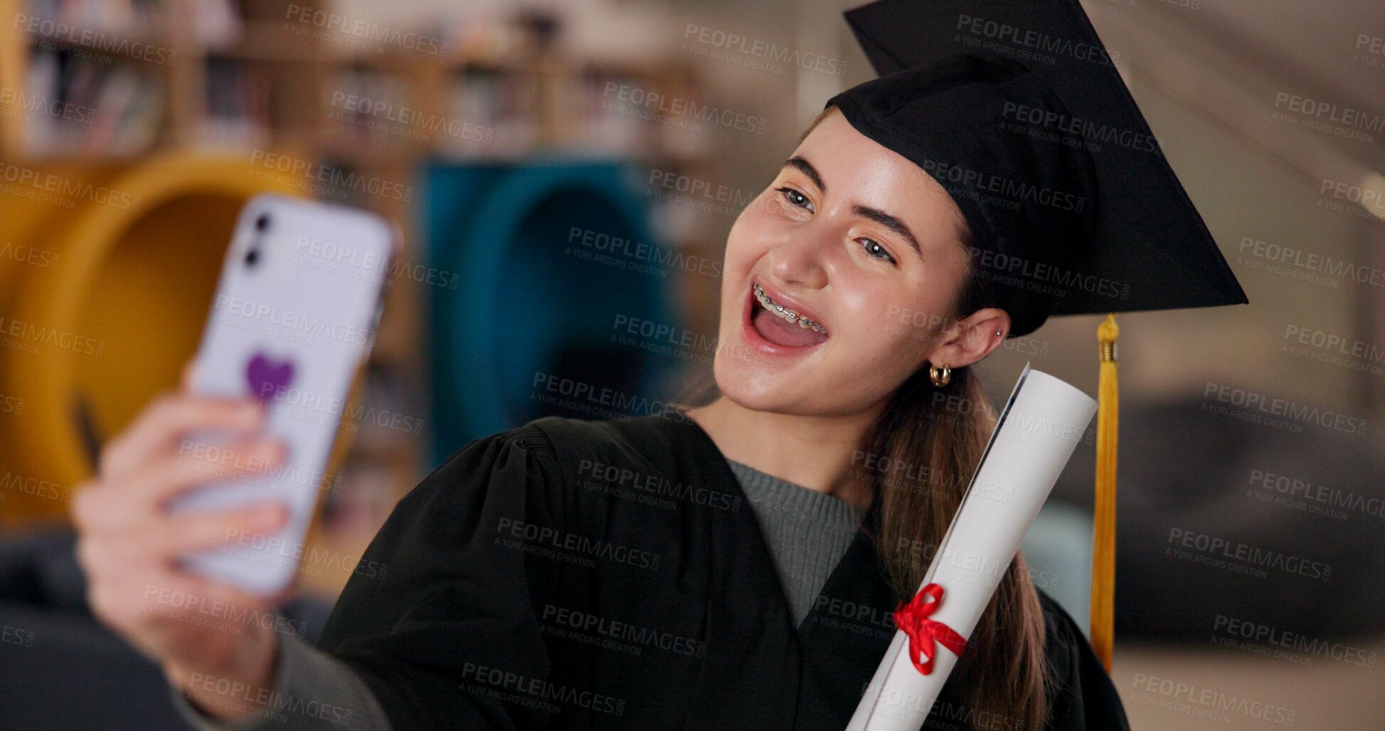 Buy stock photo Graduation, girl or college student in selfie for education, social media picture or success. University scholarship, degree certificate or happy woman at school with memory, smile or photograph post