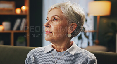 Buy stock photo Senior woman, thinking and planning in retirement home, lounge or house with reflection as pensioner. Female person, calm and remember in relax, memory and break for elderly care, security and peace