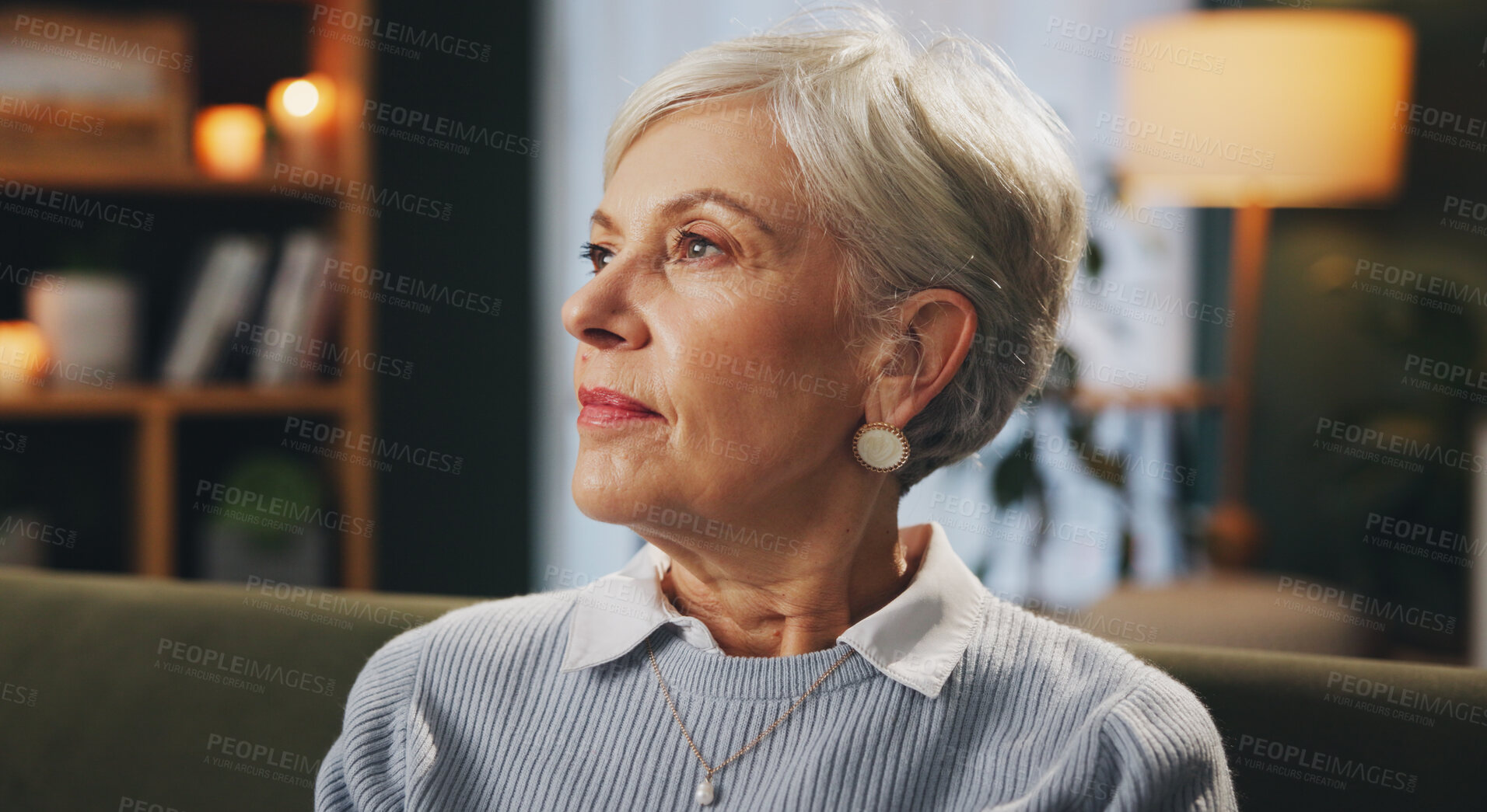 Buy stock photo Senior woman, thinking and planning in retirement home, lounge or house with reflection as pensioner. Female person, calm and remember in relax, memory and break for elderly care, security and peace