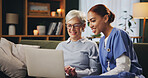 Assisted living, laptop and old woman with nurse on sofa in retirement home for medical advice or checkup. Computer, consulting and healthcare with medical professional talking to senior patient