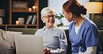 Assisted living, laptop and senior woman with nurse on sofa in retirement home for medical advice or checkup. Computer, consulting and health with medical professional talking to elderly patient