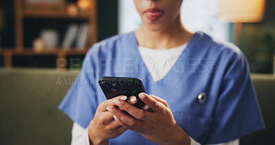 Buy stock photo Healthcare, hands and nurse with smartphone for online, medical research and connection for treatment results. Home, female expert and cellphone with mobile app for telehealth, wellness or diagnosis 