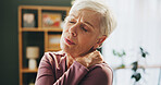 Senior woman, neck pain and injury with shoulder in stress, joint inflammation or muscle tension at home. Elderly female person with sore spine, bone or fibromyalgia in fatigue or discomfort at house