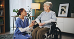 Women, nurse and senior patient in wheelchair at retirement home for healthcare, support and checkup. Caregiver, person with a disability and conversation for medical service,  physiotherapy and care