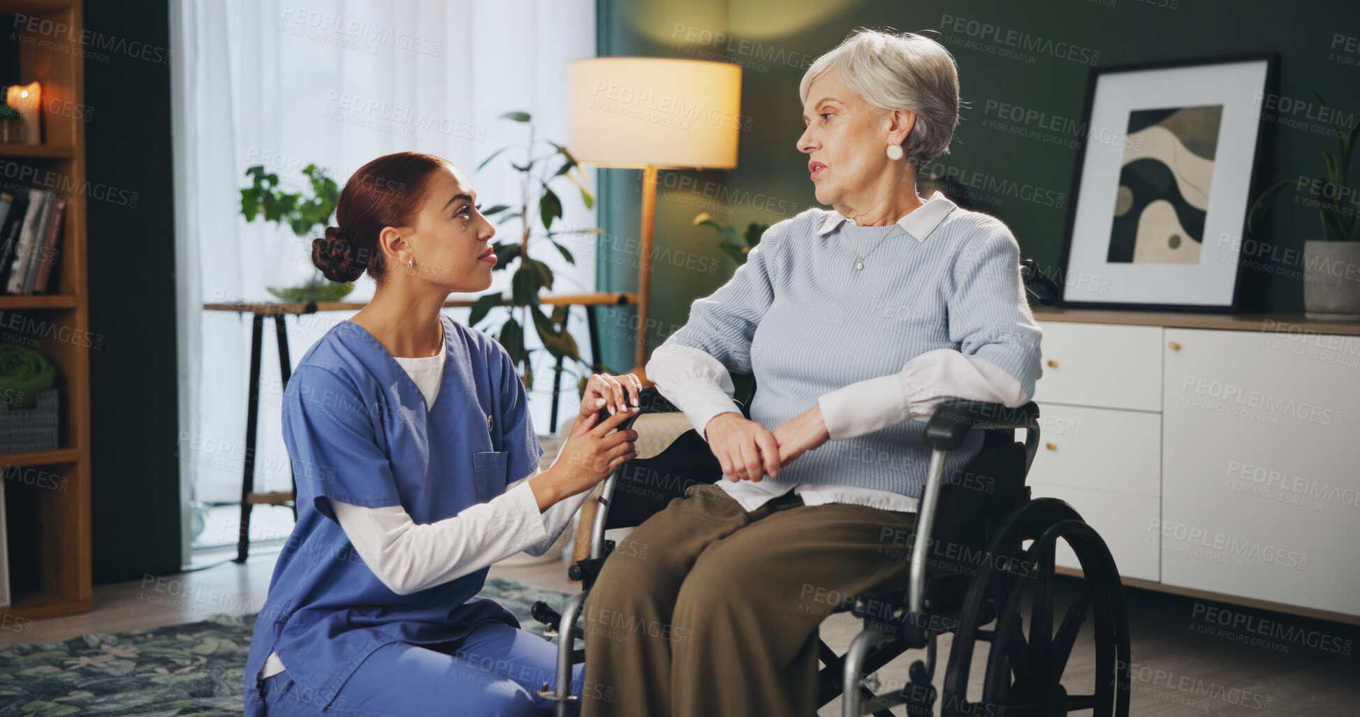 Buy stock photo Women, nurse and senior patient in wheelchair at retirement home for healthcare, support and checkup. Caregiver, person with a disability and conversation for medical service,  physiotherapy and care