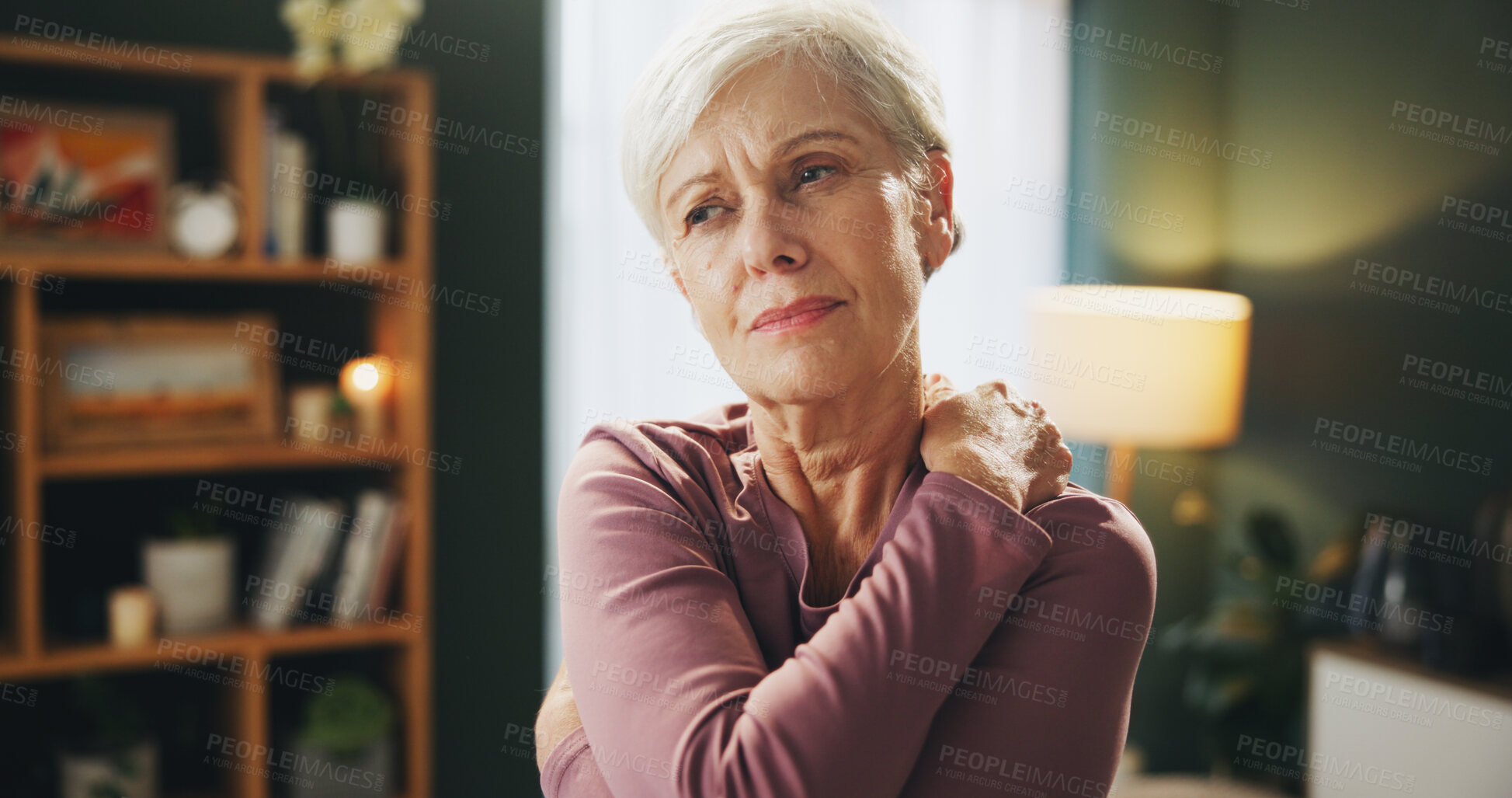 Buy stock photo Elderly woman, neck pain and injury with shoulder in stress, joint inflammation or muscle tension at home. Senior female person with sore spine, bone or fibromyalgia in fatigue or discomfort at house