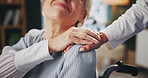 Senior woman, hands and wheelchair with nurse in care for support, trust or love for patient at home. Closeup of caregiver touching elderly person with a disability for assistance at old age house