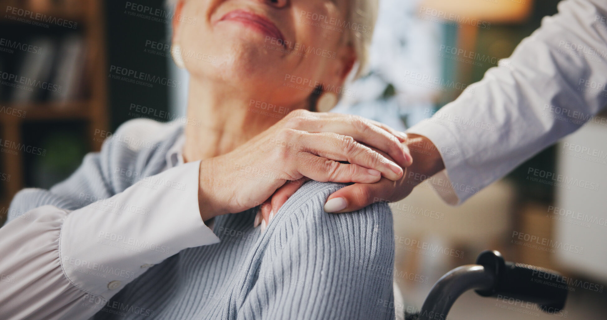 Buy stock photo Senior woman, hands and wheelchair with nurse in care for support, trust or love for patient at home. Closeup of caregiver touching elderly person with a disability for assistance at old age house