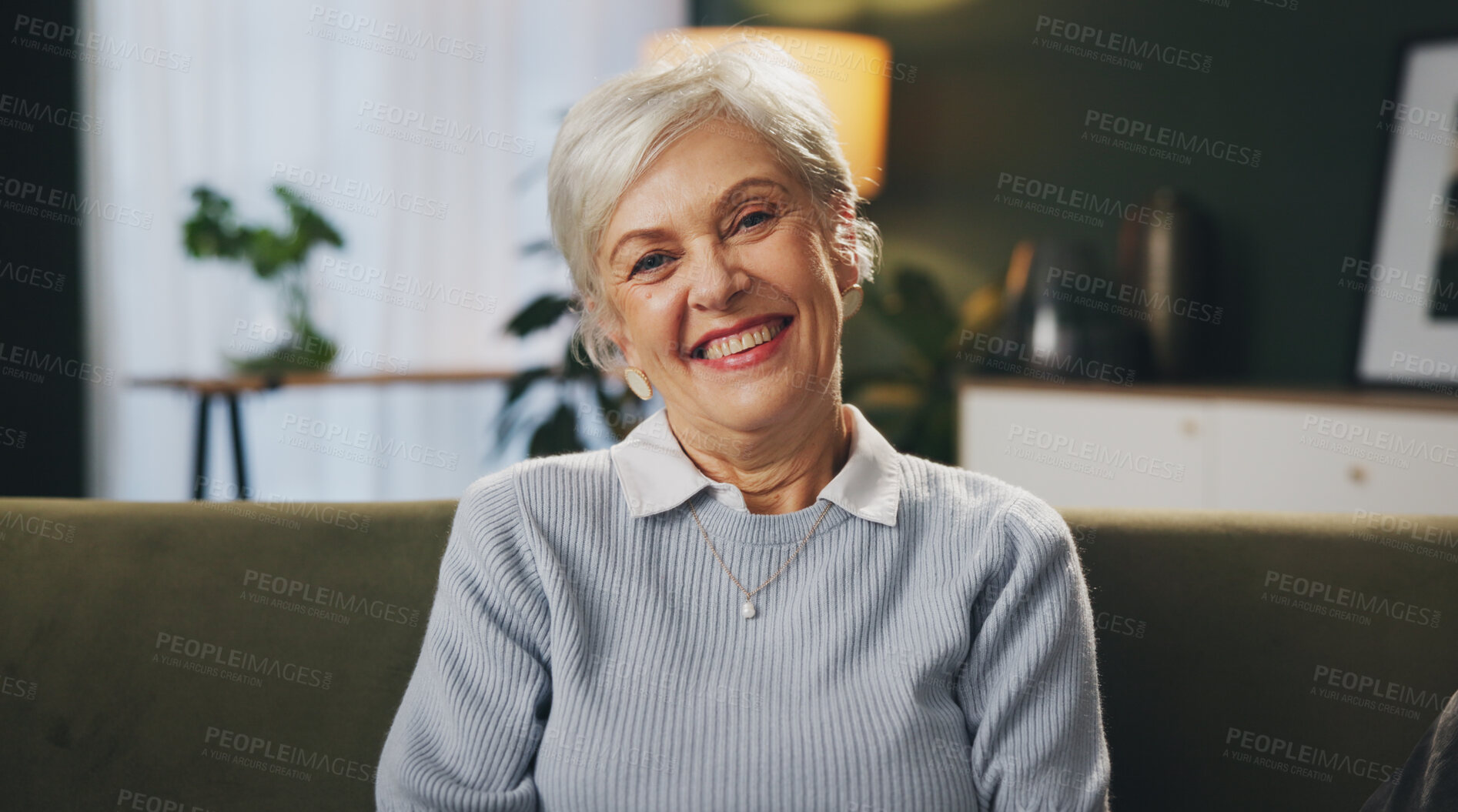 Buy stock photo Senior woman, portrait and smile in retirement home, living room or house with excited for pension. Female person, happy and confidence in relax, comfort and break for elderly care, security or peace