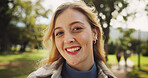 Female student, happy and portrait in park for study break, mental health and fresh air with sunshine. Woman, smile and face at campus, university or college for education, learning and scholarship