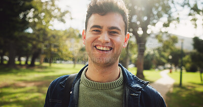 Buy stock photo Student, happy and portrait outdoor in park for study break, mental health and fresh air with backpack. Man, smile and face at campus, university or college for education, learning and scholarship