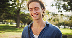 Student, happy and portrait in park for study break, mental health and fresh air with backpack outdoor. Man, smile and face at campus, university or college for education, learning and scholarship