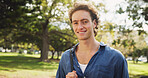 Student, smile and portrait in park for study break, mental health and air with backpack outdoor. Man, happy and face at campus, university or college for education, learning and course in Cambridge