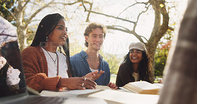 Buy stock photo Group, friends and college to study outdoor on school break, discussion and laughing of joke in summer. Smile, people and students with laptop, books and education for learning together at campus