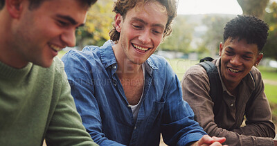 Buy stock photo Smile, group and friends to relax outdoor on school break, discussion and laughing for funny joke in summer. Happy, people and students with communication for education, bonding and reunion at park