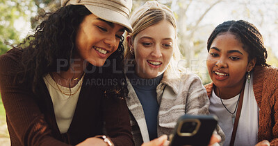 Buy stock photo Smile, friends and relax with phone outdoor on school break, social media and laughing of funny meme in summer. Happy, people and students with mobile for communication, bonding and comic blog update