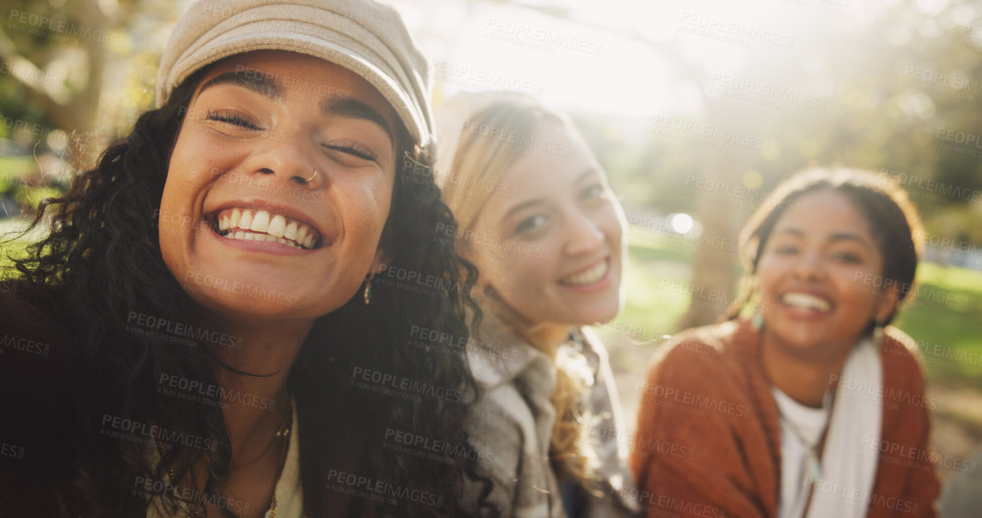Buy stock photo Group, happy and friends to selfie outdoor on school break, bonding and social media post in summer. Smile, people and students with photography for profile picture update, reunion memory and park