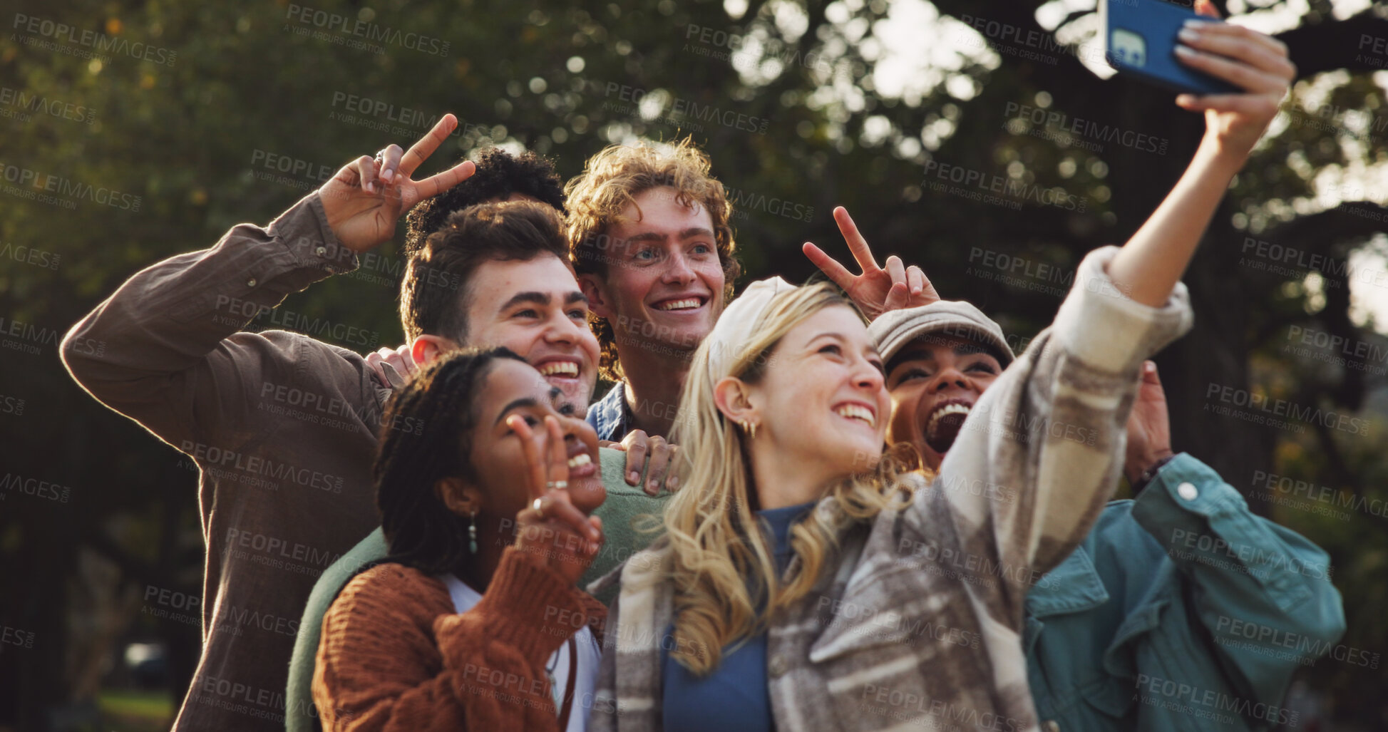 Buy stock photo Happy, friends and selfie with peace outdoor on school break, bonding and social media post in summer. Smile, people and students with profile picture update for care, support and reunion at park