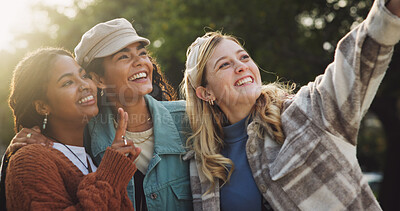 Buy stock photo Girl, friends and happy with selfie at park for bonding, profile picture update or social media post on holiday. Group, people and smile together for photography in nature for memory and adventure