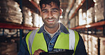 Portrait, stock and tablet with man in warehouse for online order of distribution or shipping for delivery. Logistics, smile and supply chain with person in depot for cargo checklist or inspection