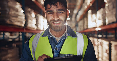 Buy stock photo Portrait, stock and tablet with man in warehouse for online order of distribution or shipping for delivery. Logistics, smile and supply chain with person in depot for cargo checklist or inspection