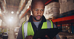 Inventory, storage and tablet with black man in warehouse for online order of distribution or shipping for delivery. Checklist, inspection and supply chain with person in depot for cargo or logistics