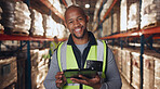 Portrait, stock and tablet with black man in warehouse for online order of distribution or shipping for delivery. Inventory, logistics and smile with happy person in storage depot for inspection