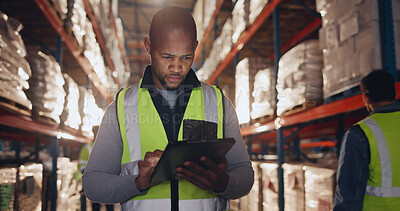 Buy stock photo Stock, storage and tablet with black man in warehouse for online order of distribution or shipping for delivery. Inventory, logistics and supply chain with worker in depot for checklist or inspection