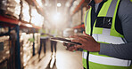 Logistics, hands and tablet in warehouse, online and typing for report of inventory and inspector. Digital, website and person with checklist for inspection, app and quality assurance in factory