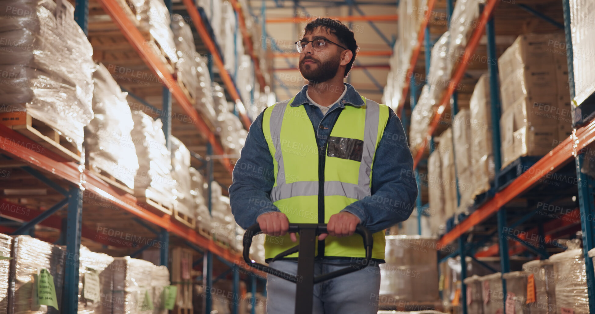 Buy stock photo Logistics, box and man with trolley in warehouse for supply chain, packaging and inventory distribution. Dropshipping, picker and supplier with stock by shelf for order loading, delivery and shipping