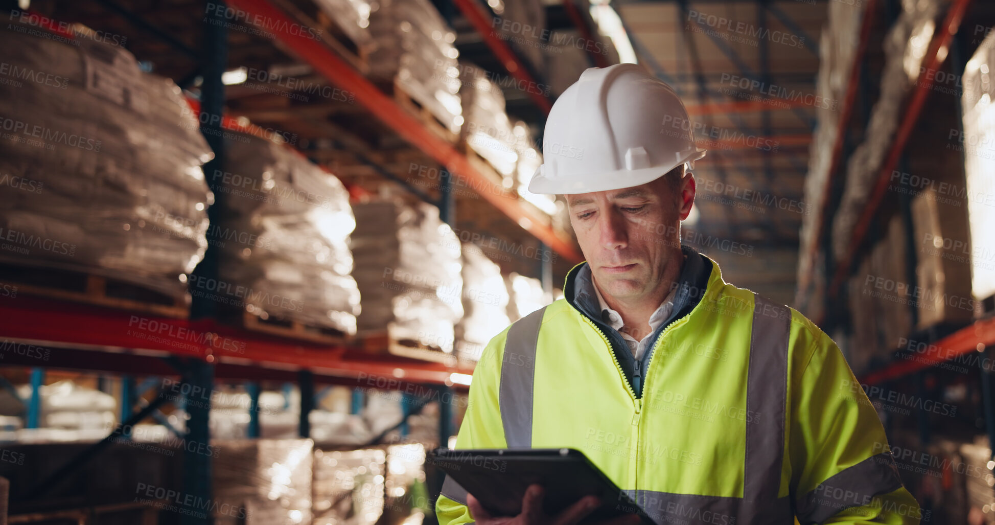 Buy stock photo Logistics, storage and tablet with man in warehouse for online order of distribution or shipping for delivery. Inventory, stock and supply chain with person in depot for cargo checklist or inspection