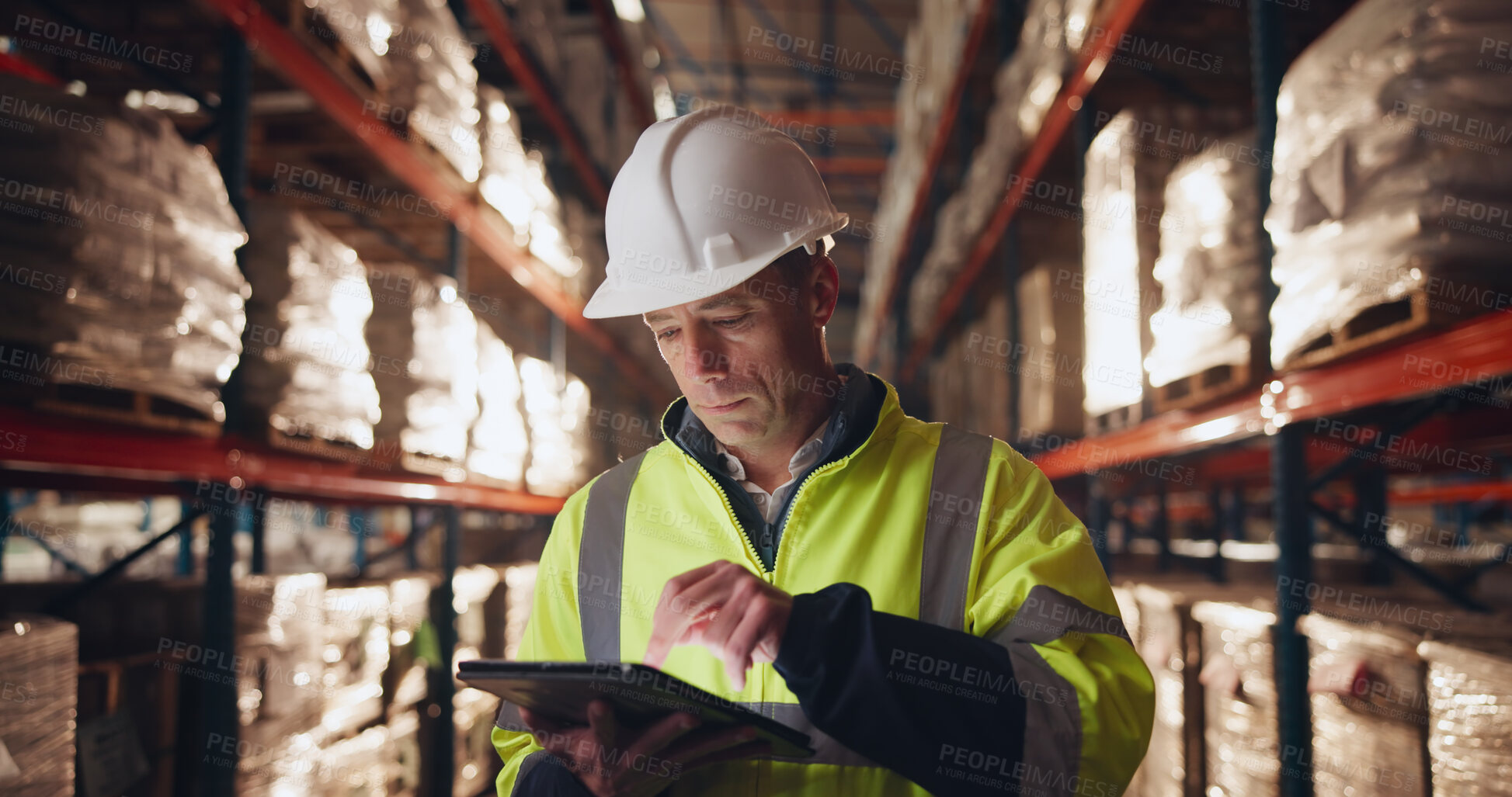 Buy stock photo Stock, storage and tablet with man in warehouse for online order of distribution or shipping for delivery. Inventory, logistics and supply chain with person in depot for cargo checklist or inspection