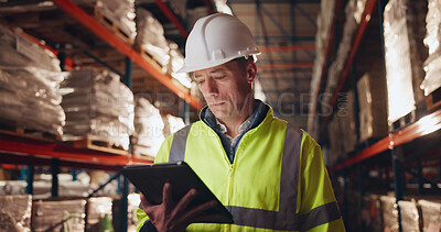 Buy stock photo Stock, supply chain and tablet with man in warehouse for online order of distribution or shipping for delivery. Inventory, logistics and storage with person in depot for cargo checklist or inspection