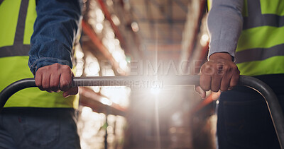 Buy stock photo Trolley, hands and delivery for logistics in factory, back view and teamwork for moving of goods or shipping. Distribution, cargo and people in warehouse for supply chain, walking and storage