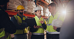 Distribution, tablet and group in warehouse, teamwork and inventory with planning, logistics and supply chain. People, employees and supervisor with tech, cooperation and conversation with advice