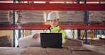 Checklist, paperwork or woman on laptop in warehouse for typing online for report of inventory or inspector. Factory, website and logistics worker with stock for inspection, app and quality assurance