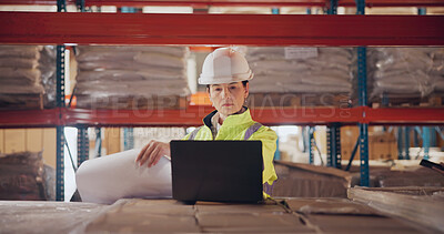 Buy stock photo Checklist, paperwork or woman on laptop in warehouse for typing online for report of inventory or inspector. Factory, website and logistics worker with stock for inspection, app and quality assurance
