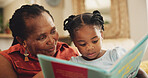 Happy, grandmother and child with book for education, learning literature and fantasy storytelling in lounge. Black family, woman and girl with creative reading, support and language growth at house