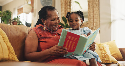 Buy stock photo Grandmother, child and reading book for education with smile, learning literature and fantasy storytelling. Black family, woman and girl with creative knowledge, support and language growth at house