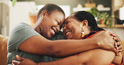 Buy stock photo Black family, touch forehead and women with hug for love, support and care on sofa. Elderly mother, daughter or embrace at home with smile, surprise visit or reunion on couch with happiness and trust