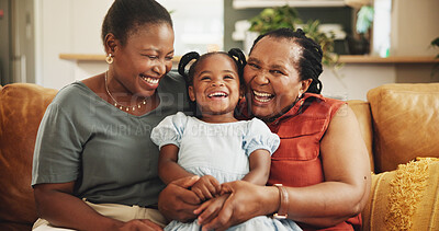 Buy stock photo Happy, portrait of and black child with mother and grandmother in home for womens day celebration together. Fun, bonding and African female generations hugging for connection in living room at house.