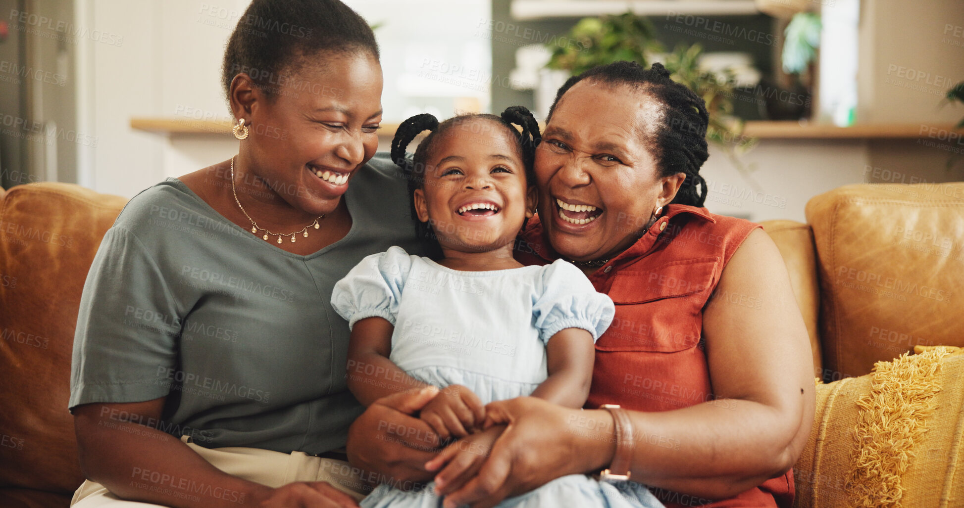 Buy stock photo Happy, portrait of and black child with mother and grandmother in home for womens day celebration together. Fun, bonding and African female generations hugging for connection in living room at house.