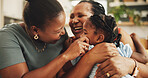 Happy, relax and black child with mother and grandmother in home for womens day celebration together. Fun, bonding and African female generations hugging for connection in living room at family house