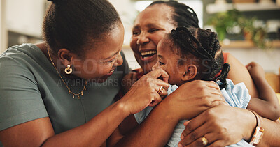 Buy stock photo Happy, relax and black child with mother and grandmother in home for womens day celebration together. Fun, bonding and African female generations hugging for connection in living room at family house