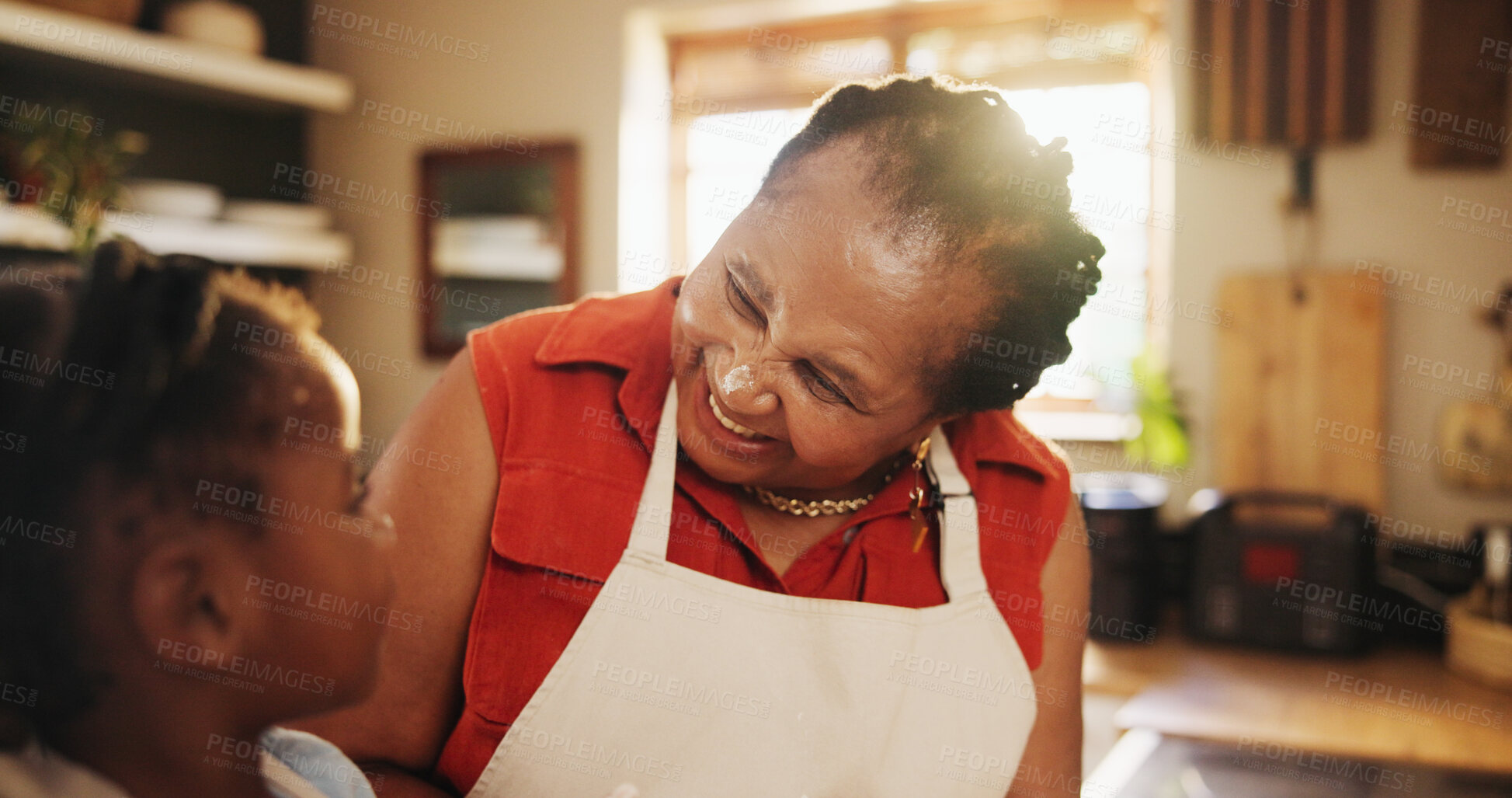 Buy stock photo Grandmother, child and teaching with cooking, kitchen counter and learning in home for education, love or care. Black woman, girl and baking in development, growth and nutrition as family in bonding