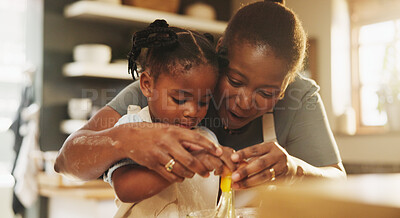 Buy stock photo Education, child and black woman in kitchen for baking, recipe or help cracking egg at home. Girl, development and mother at counter for growth, learning or fun activity for making dough for cookies